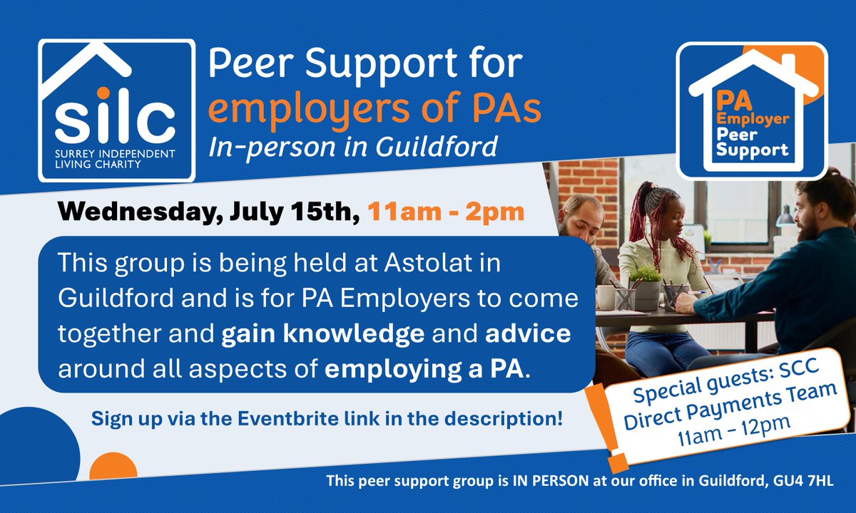 SurreyILC's tweet photo. Our next facilitated IN-PERSON peer support group for Employers of PAs to meet and support each other is on the 15th of July! Special guests from the SCC DP Team joining for the first hour. Get your questions ready! Sign up via Eventbrite: https://t.co/oBE4hAmvsF https://t.co/qL0O38o1gE