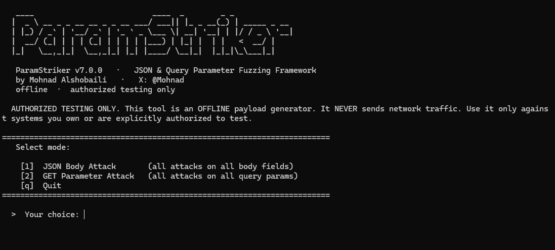 Mohnad's tweet photo. 🚨 Releasing ParamStriker — JSON PDO SQLi, IDOR &amp; auth-bypass API Exploit Framework:

- PDO Sql (Node mysql/mysql2 object injection)
- Classic + blind boolean SQLi (char-by-char)
- Mass IDOR
- Auth bypass: login, 2FA, JWT, token reset

https://t.co/6WwOShDcA3 https://t.co/Oh49J2uXGA