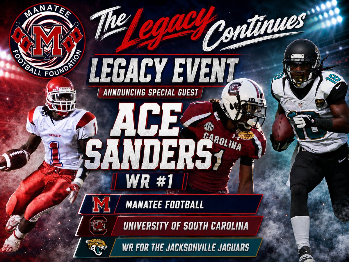 ManateeFB's tweet photo. Announcing special guest Ace Sanders #1 — Manatee Football standout, University of South Carolina playmaker, and former Jacksonville Jaguars WR. Join us July 23, 2026. More exciting announcements coming daily! https://t.co/XjxeoZc7C5 https://t.co/f4U8oiMbYw
