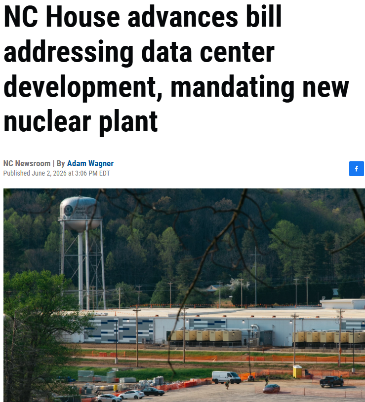 HopfJames's tweet photo. A North Carolina bill that imposes requirements on data center development also requires Duke Energy to get "permission" to build at least 1 GW of nuclear capacity before it's allowed to retire fossil plants.  Article link in reply.

"Permission" means "a certificate of public convenience and necessity for a nuclear plant".

The idea is that they don't want utilities to close fossil plants w/o building non-intermittent generation to replace them.  The intentions is maintaining grid reliability.