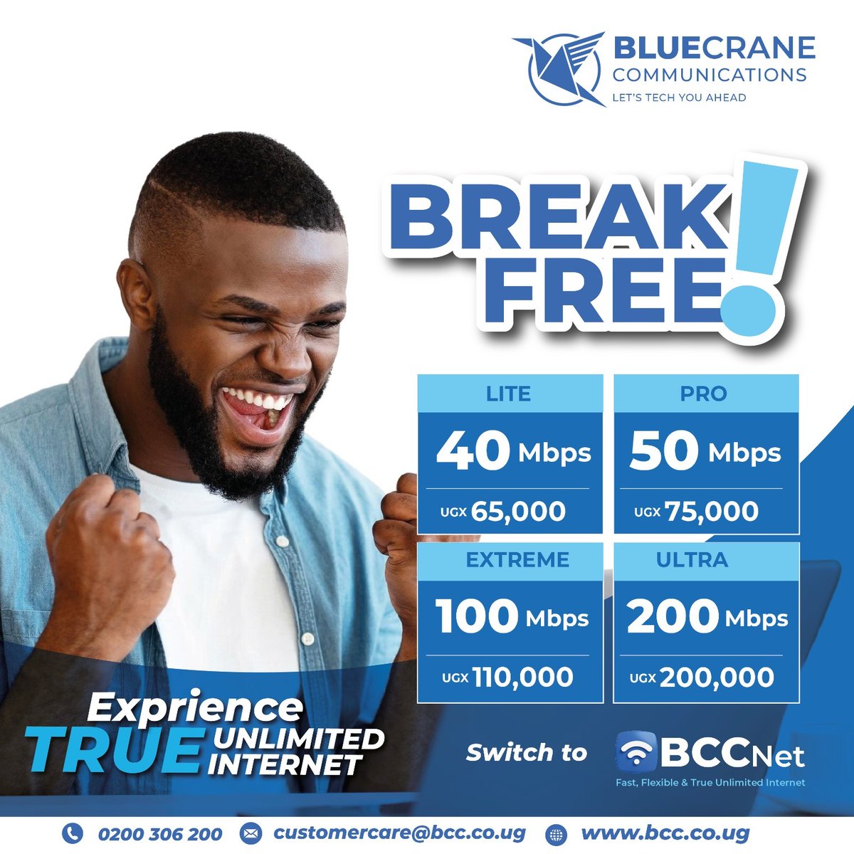BCC_UG's tweet photo. HIGHER SPEEDS, LOWER PRICES!
Break Free with BCCNet! We’ve doubled your speeds and slashed our prices, giving you the freedom to experience true unlimited internet.

Call +256 200 306 200 or click the link on this post to get connected.
SwitchToBCCNet