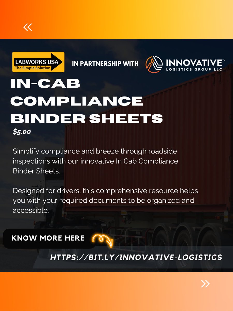 LabworksUSA's tweet photo. 📂 Stay DOT Inspection-Ready with In-Cab Compliance!!!
Never dig through piles of paperwork again. With Innovative Logistics Group’s In-Cab Compliance Guide, you’ll always have the right documents at your fingertips.

🔗 Learn more today: https://t.co/i3jA1gcngq

#InCabCompliance https://t.co/p7IrBLeH14