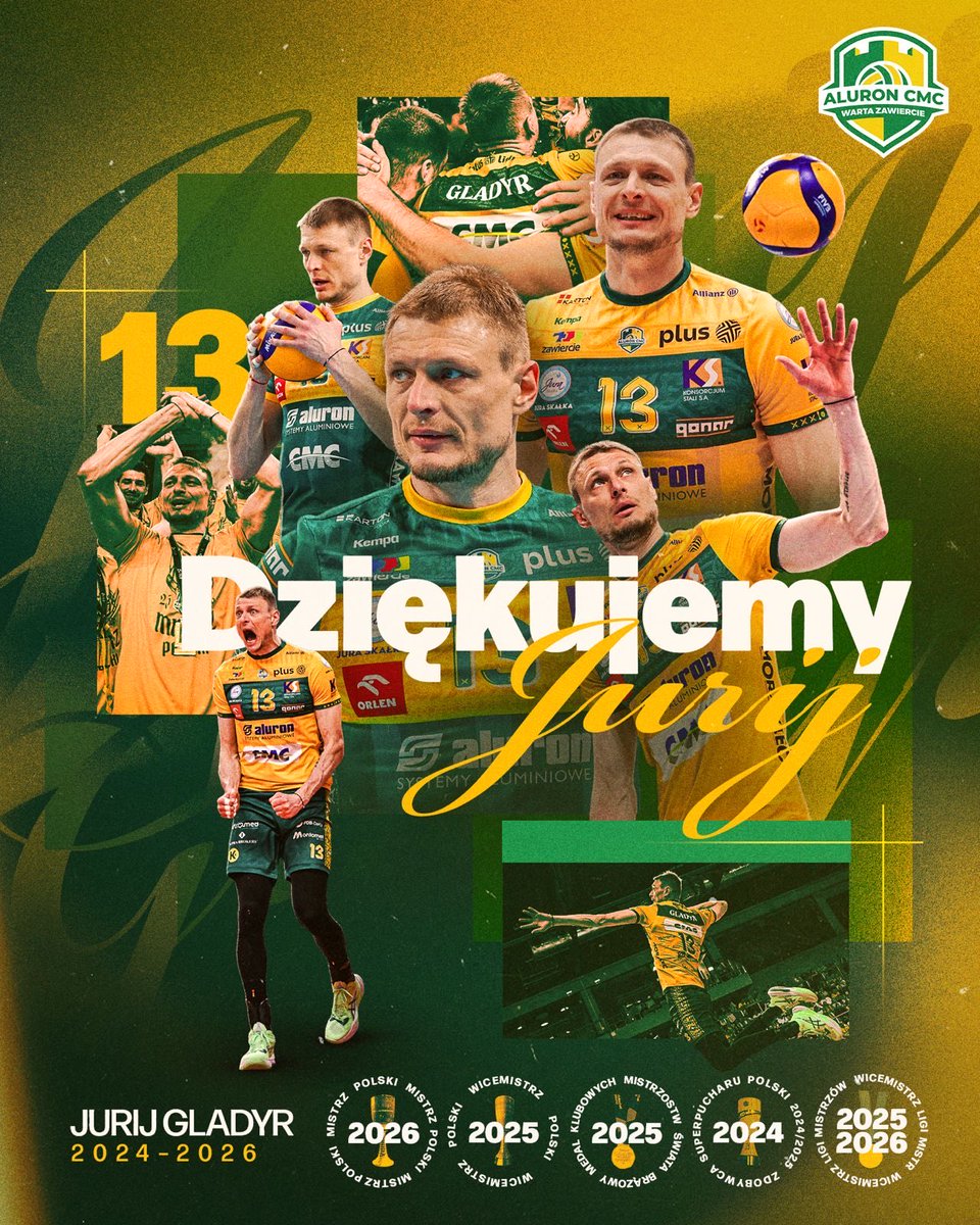AluronCMC's tweet photo. Jurij Gladyr żegna się z Aluron CMC Wartą Zawiercie 🥹

Doświadczony środkowy spędził w Zawierciu dwa lata. 

Razem z nami zdobył w tym sezonie historyczne mistrzostwo Polski, wicemistrzostwo Europy oraz brązowy medal KMŚ. 

Jura, dziękujemy za wszystko! 💛💚 https://t.co/W1C1gygR85