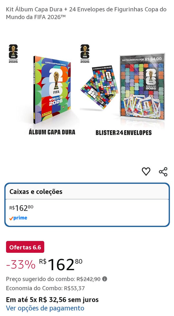 PostandoFut's tweet photo. 🟨 OFERTA AMAZON 6.6

▫️ Kit Álbum Capa Dura + 24 Envelopes de Figurinhas Copa do Mundo da FIFA 2026™

🏷️ Por: R$162,80 em até 5x sem juros 

▫️ No site ou APP da Amazon 
➡️  https://t.co/60ijgsghDV #ad https://t.co/KrT2BNSIFA