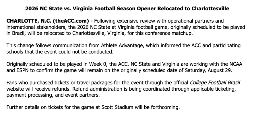 JacquieFran_'s tweet photo. The ACC releases statement saying the Virginia's opener has officially moved to Charlottesville. https://t.co/XdXz0joXfe