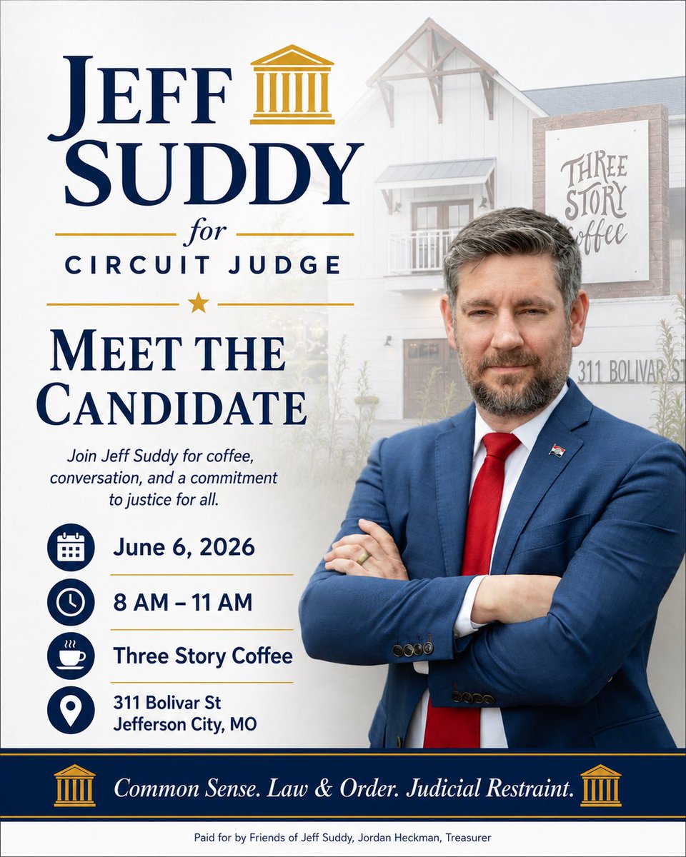 JeffSuddyJr's tweet photo. 3 more days until our first meet the candidate event.  Mark your calendars!

#suddyforjudge #colecounty #Missouri https://t.co/TXoUt0nWen