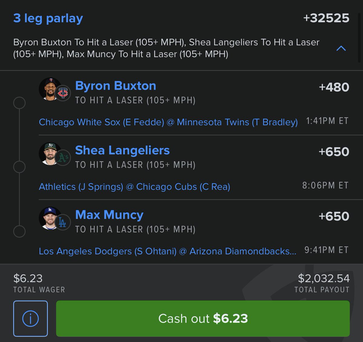 LittleFootLogic's tweet photo. FIRE THE (mini) LASER! 

*HR 105+ exit velo laser prop*
Byron Buxton +480 on FD .25u
Shea Langeliers +650 .2u
Max Muncy +650 .2u

RRx2 .10u ea
Parlay .0623

Yes, I bet them straight. Yes, the 2nd screenshot is so you can see .25u = $25.  No, this isnt photoshopped. Yes, this prop isn't in every State. No, there is no quick link for lasers yet. No, I didn't cash out right after. No, I didn't really hit anything I shared yesterday. Yes, I compared FD odds to my own created laser model. It's not that serious. #FadeOrFollow
