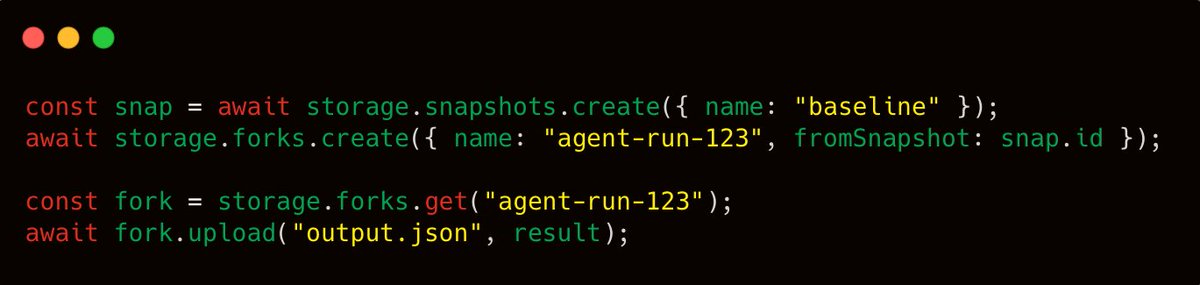 TigrisData's tweet photo. A fork is a metadata operation and not a data migration.
You can fork your data for an agent run, let it mutate files safely, replay later from the same baseline. 

Git branching, but for storage: https://t.co/Ro2CQKUFm0 https://t.co/w5wnXJPuLU