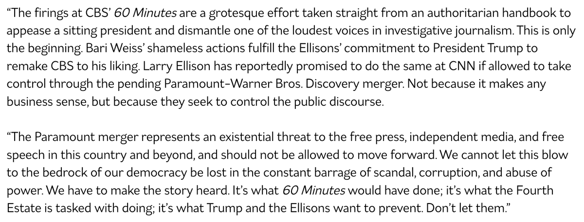 FreedomofPress's tweet photo. “This is only the beginning”: Groups opposing Paramount merger warn “60 Minutes” firings mark what’s to come for CNN if merger approved.

Read our statement with eight other press freedom and civil society groups: https://t.co/JyMlzRWaJM https://t.co/MYIYFfze0D