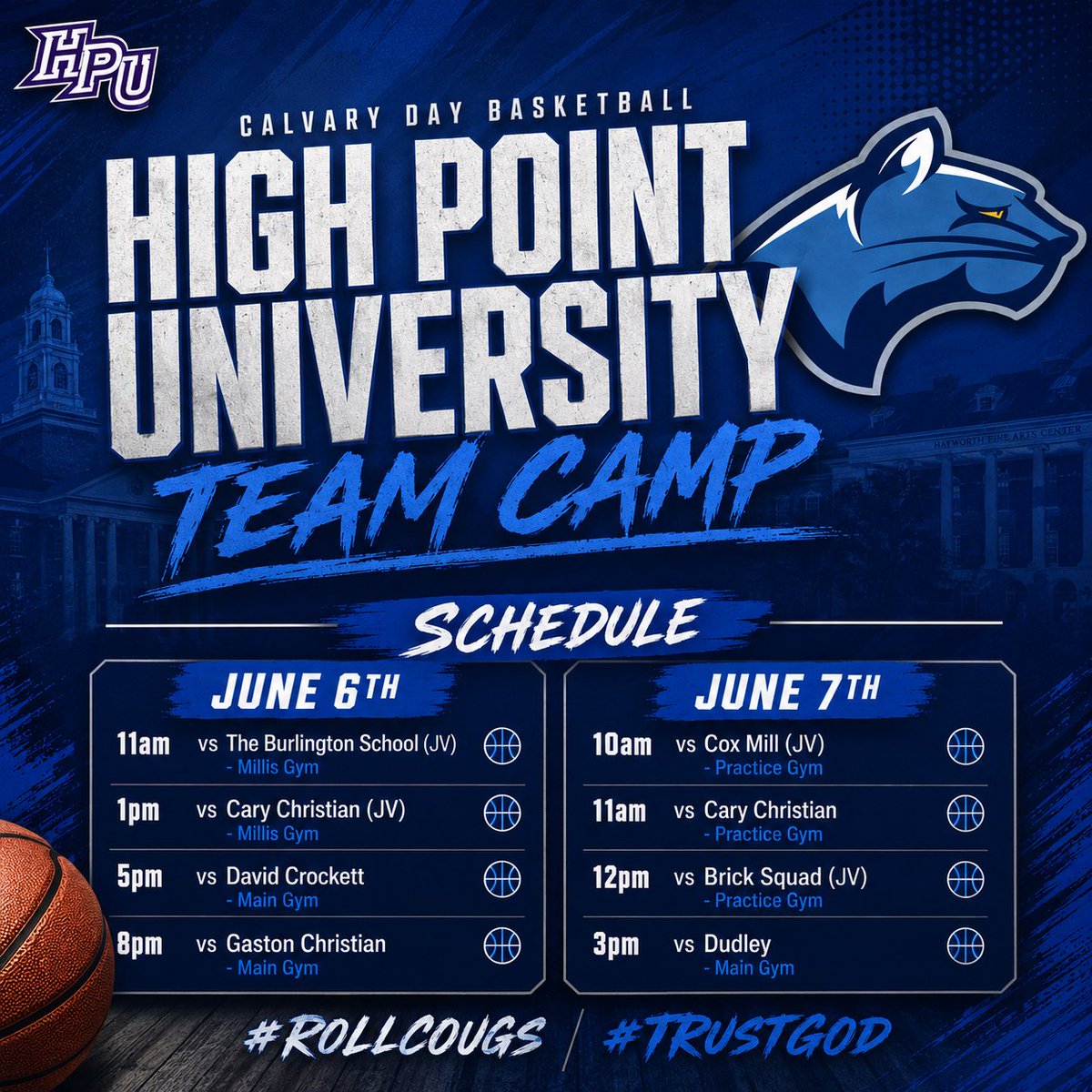 calvarydayhoops's tweet photo. Our weekend schedule is set as we prepare for @hpu_mbb team camp! #RollCougs #TrustGod https://t.co/t2J5EVaOvH
