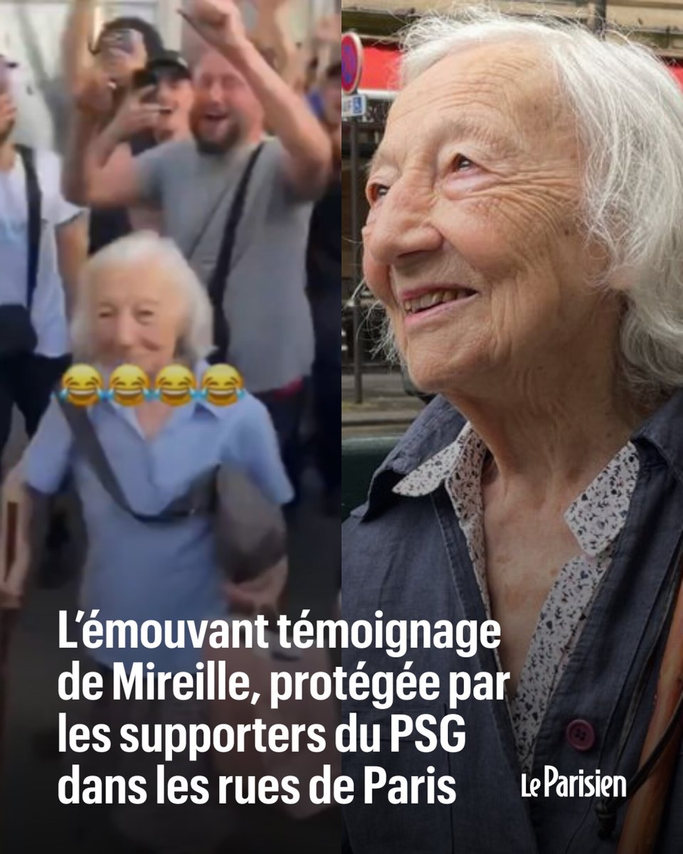 le_Parisien's tweet photo. En marge de la finale de Ligue des champions, Mireille, 90 ans, est devenue la star des réseaux sociaux après avoir été escortée puis secourue par des jeunes supporters du PSG. 

Trois jours après la scène, elle ne semble toujours pas réaliser ➡️ https://t.co/aO9Z0sZRIf https://t.co/dnWIqFclVG