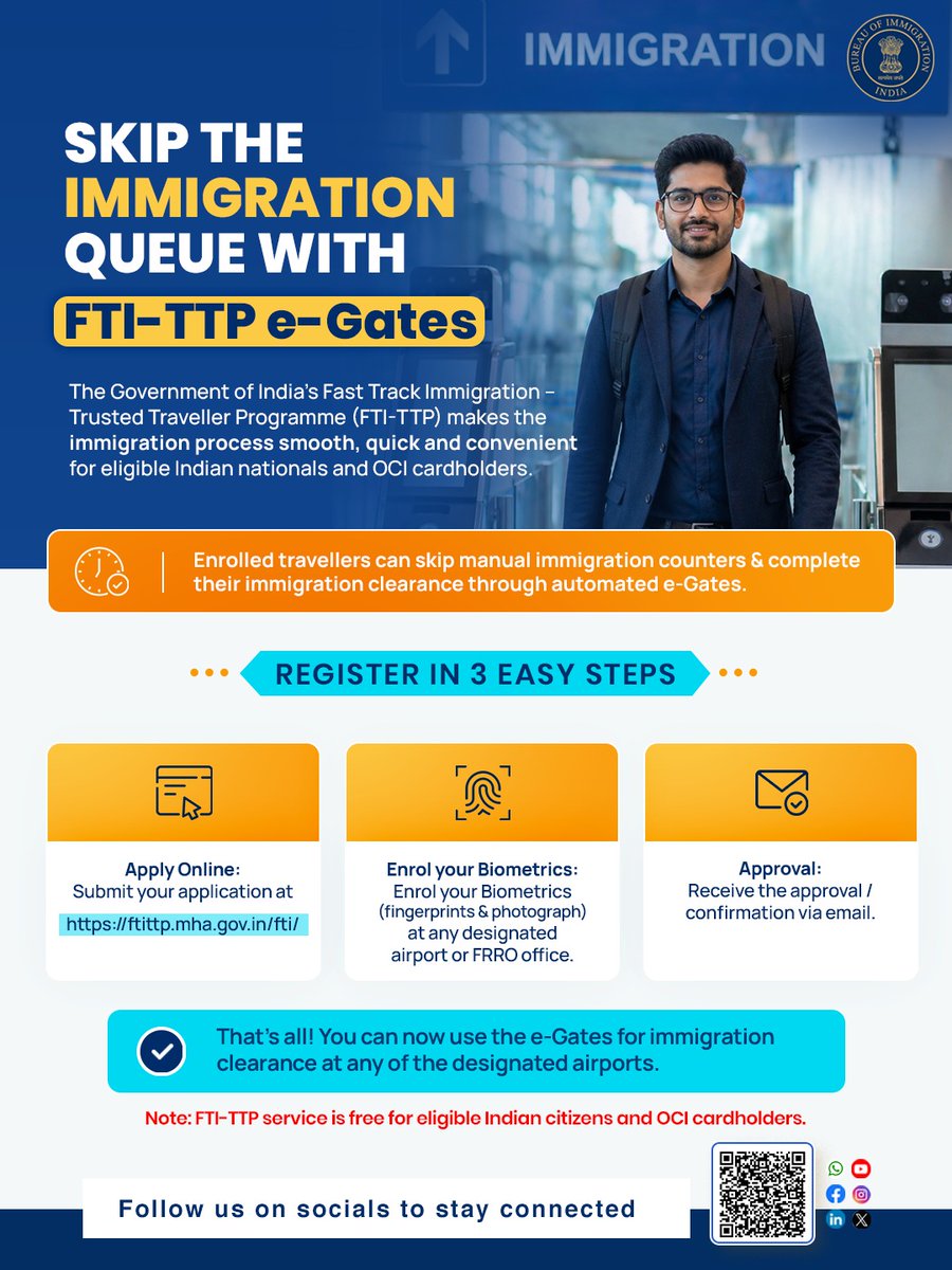 BOIndiaOfficial's tweet photo. Skip the wait, not your journey.
With FTI-TTP e-Gates, breeze through immigration in minutes.
✔️ Apply online at https://t.co/8kWDOeVUKi
✔️ Complete biometric enrolment
✔️ Get approval via email
✔️ Use automated e-Gates at designated airports
#FastTrackImmigration https://t.co/UZDt9AhOgM