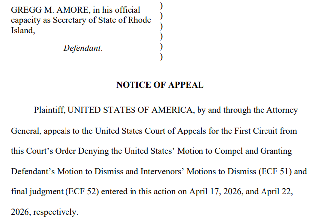 kathyprojo's tweet photo. Trump administration today appealed RI federal court win on DOJ bid for confidential voter information https://t.co/7ieFaZezYl