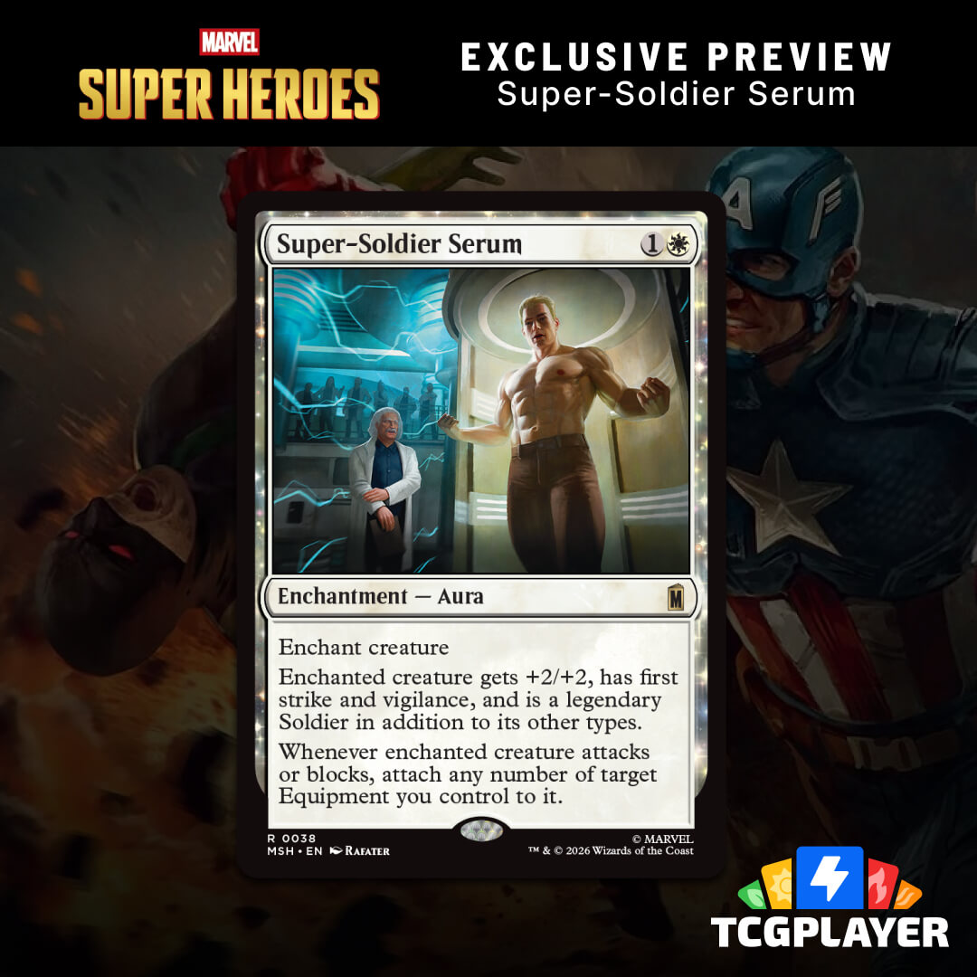 TCGplayer's tweet photo. Super-Soldier Serum will give you a ton of buffs AND let you stack a pile of equipment for free, giving you the ultimate fighting machine! Put it on U.S. Agent, John Walker and give him more than just a shield or buff your  massive hero even more with Patriot, Shield Wielder. https://t.co/BNL4qS1v6x