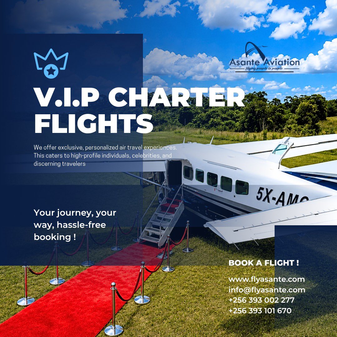 fly_asante's tweet photo. Hello our esteemed customers, Looking for a premium travel experience? 

Our VIP Charter Flights offer comfort, privacy, and convenience tailored to your needs.
Your journey, your way. Travel in style with Asante Aviation.🛩️ https://t.co/5QRF0ksi4G