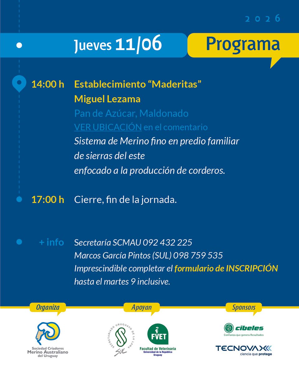 MerinoUY's tweet photo. 🙋🏻 Nuevamente los invitamos a otra jornada de recorrida, ahora por el SURESTE de nuestro país. 

Conociendo otras experiencias y realidades con el Merino Australiano. 🐑 https://t.co/0Wf1ro0cZg