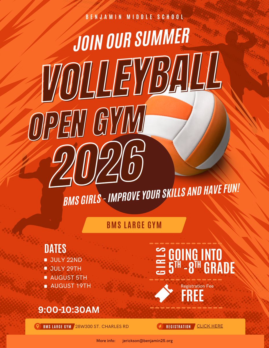Bendist25's tweet photo. 🏐 Registration is still open for the Benjamin Middle School Summer Volleyball Open Gym! Sessions begin July 22 and participation is FREE.
Register here: https://t.co/7oH9Yza8eP
#BengalPride #BengalsROAR https://t.co/CsAbl34IXV