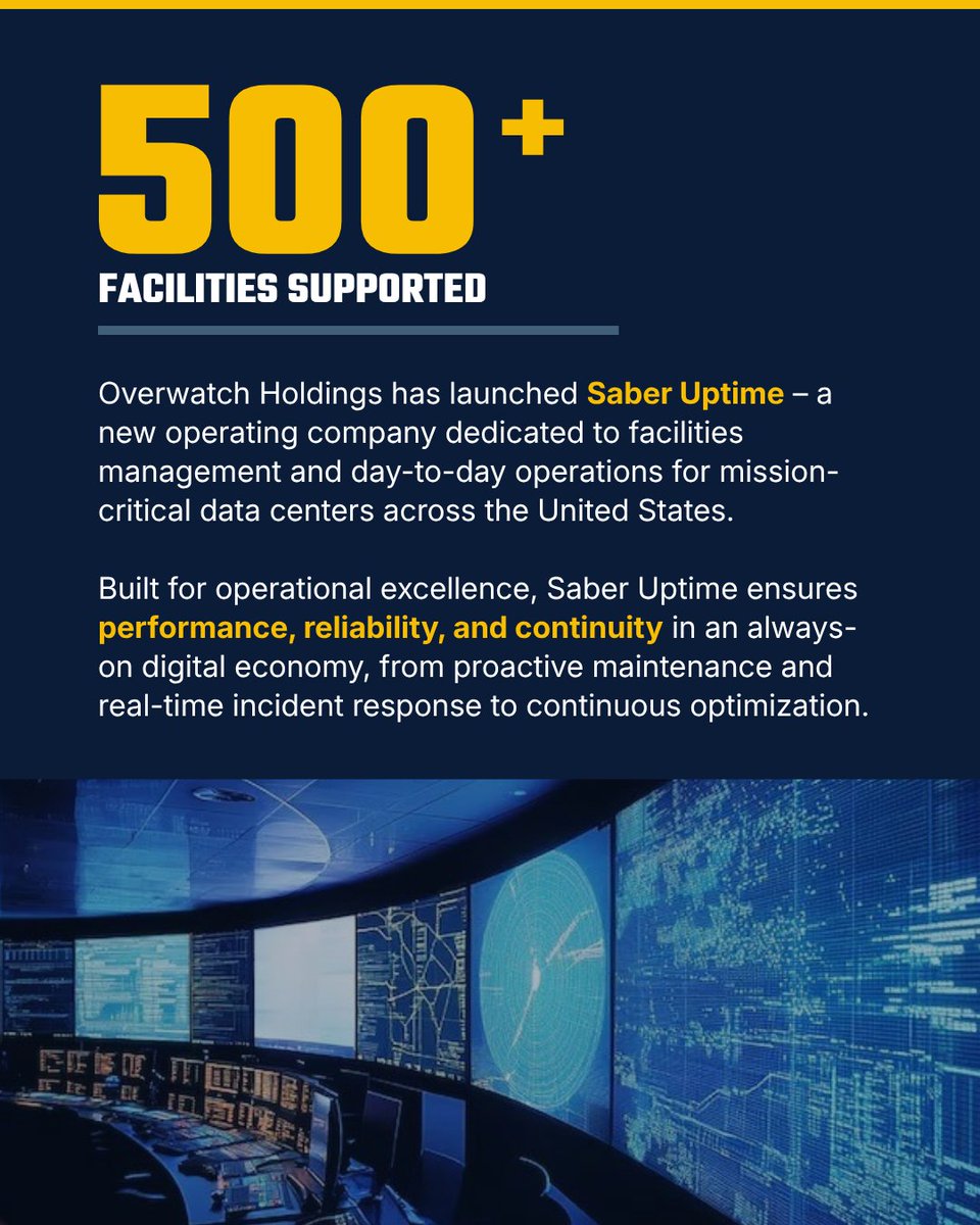 SaberUptime's tweet photo. The infrastructure behind AI cannot go offline.
Today, Overwatch Holdings launched Saber Uptime, led by Chris Opat and built to keep mission critical infrastructure running at peak performance.
Built for reliability. Built for uptime.
#SaberUptime #DigitalInfrastructure https://t.co/AvyXc7yOU5