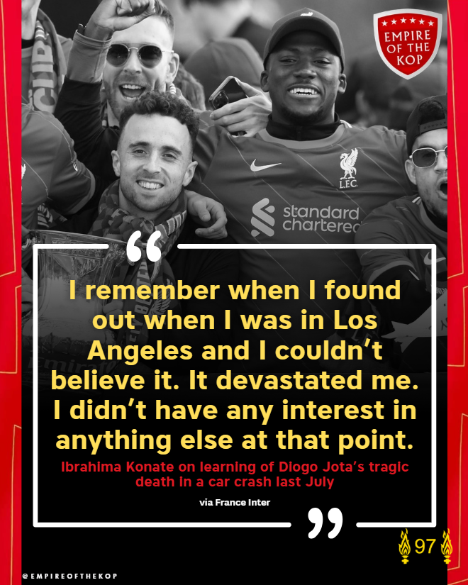 empireofthekop's tweet photo. A chilling reminder of the devastating impact that Diogo's death had (and continues to have) on his teammates and friends at Liverpool 💔 https://t.co/8QXbZt74vN