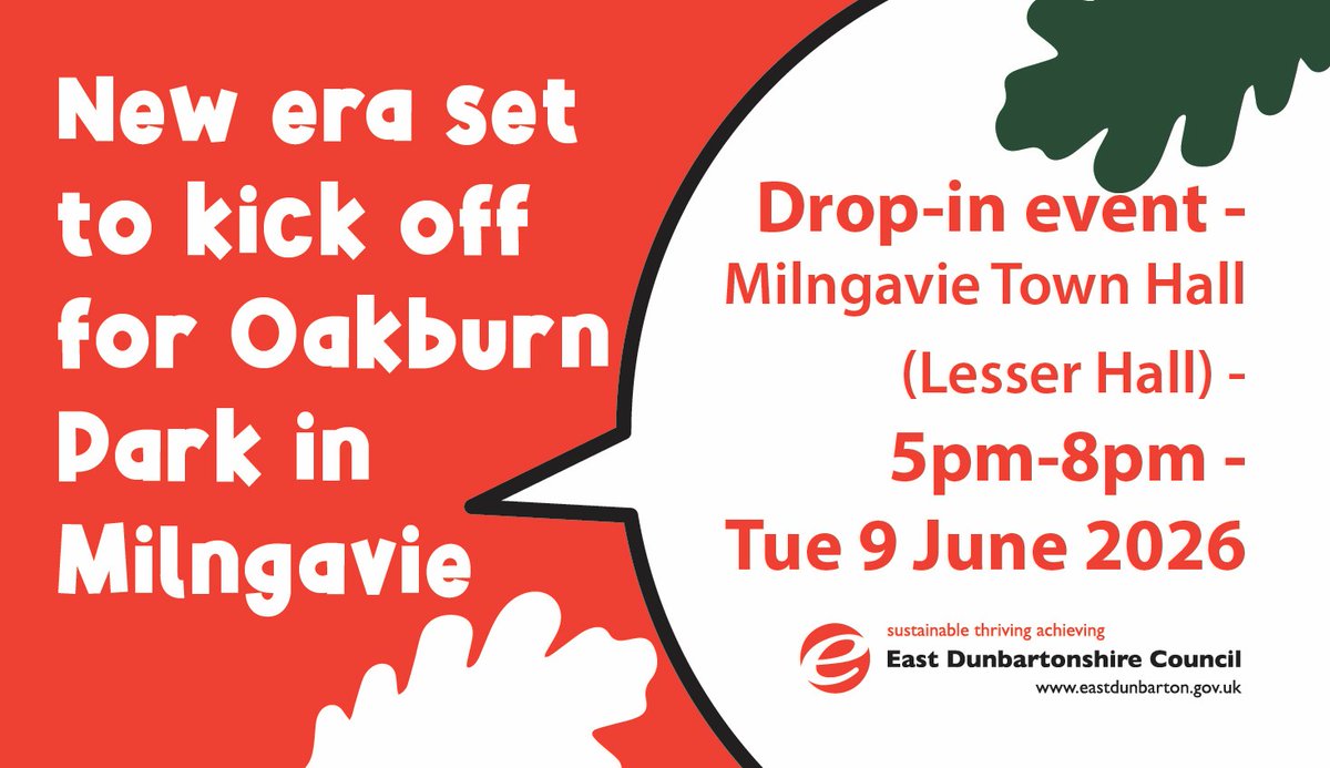 EDCouncil's tweet photo. A drop-in event is being held next Tue (9 June) to provide info on a project to upgrade sports facilities at Oakburn Park, Milngavie.

You can pop into the engagement event at Milngavie Town Hall (Lesser Hall) between 5pm and 8pm on Tuesday 9 June 2026.

@milngavie 

1/2 https://t.co/vP4NnMOKSv