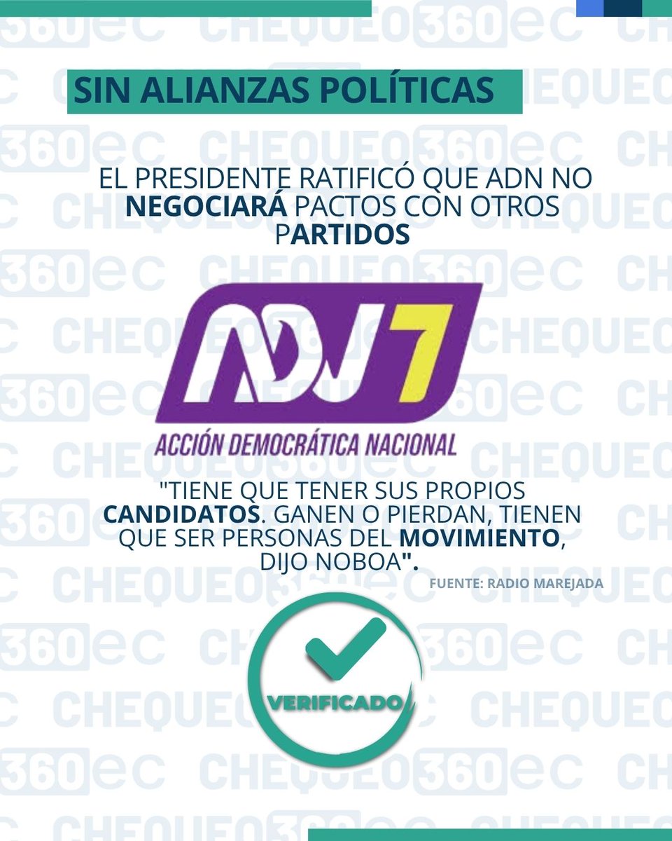Chequeo360Ec's tweet photo. #ELECCIONES2026 | Sobre posibles alianzas, Noboa aclaró que los nombres lanzados por @Adnecuadorok para Alcaldías y Prefecturas son precandidaturas. El proceso de primarias, recordó, será entre el 18 de junio y el 2 de julio y ahí se definirá las listas oficiales.

Fuente: Radio Marejada, 3 de junio de 2026