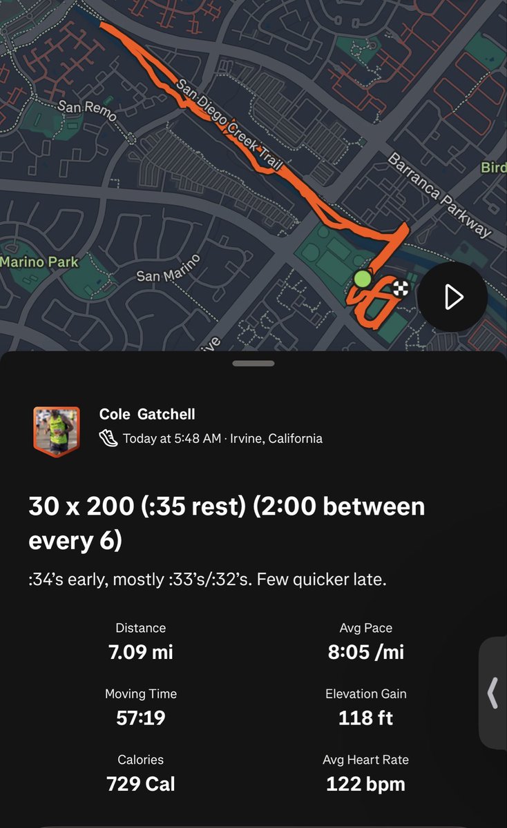 Scgatchell's tweet photo. First time trying this 30 x 200m workout! It was hard, but a lot of fun. Still trying to increase my speed, and turnover for
a few more weeks until July 4 5k, then we start climbing up the distance ladder. Fun morning on the track. https://t.co/wLr4wmZXsc