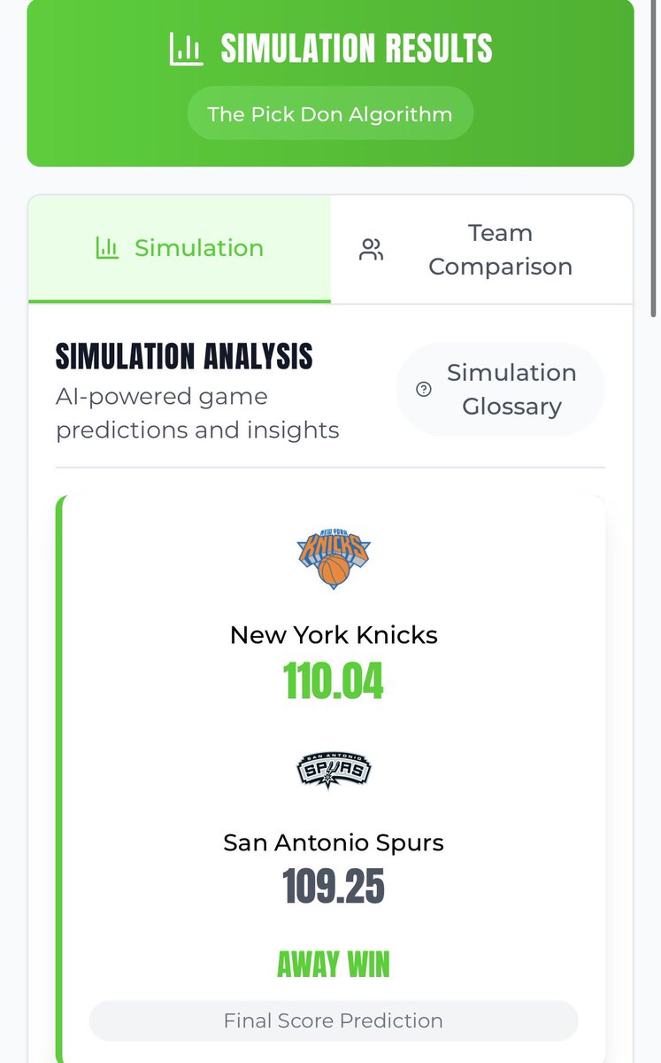 tpdsims's tweet photo. NBA Finals Game 1 🏆🏀
(8:30 EST)

Knicks head to San Antonio for Game 1 of an intriguing series. The Spurs last title came in 2014, while the Knicks last title was back in 1973. The model leans the Knicks for Game 1👀

https://t.co/gYiOaGmOgX

REMINDER: Model Sims ≠ Bets https://t.co/SoFF2By6S2