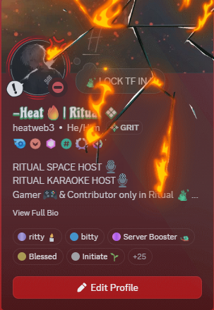 YeaItsHeat's tweet photo. Finally got my 𝐑𝐢𝐭𝐭𝐲 role in @ritualnet 🔥

Till now I still don't know what to say because I still feel overwhelmed

But one thing for sure, this is only the beginning of my Journey 💯

Shout out to all the friends I’ve made along the way and for always believing in me 💚 https://t.co/Trs5x5dRZY