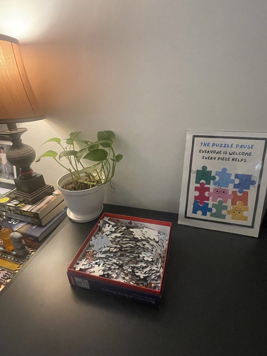 laarne's tweet photo. I created a small corner in my office I call - The Pieceful Corner where everybody is welcome  when they need to unwind 🙏 

Sometimes the best investment in a team is creating a space to pause, &amp; recharge. A puzzle corner just requires a few pieces and a little intention. 🧩 https://t.co/jBq8h7nRvs