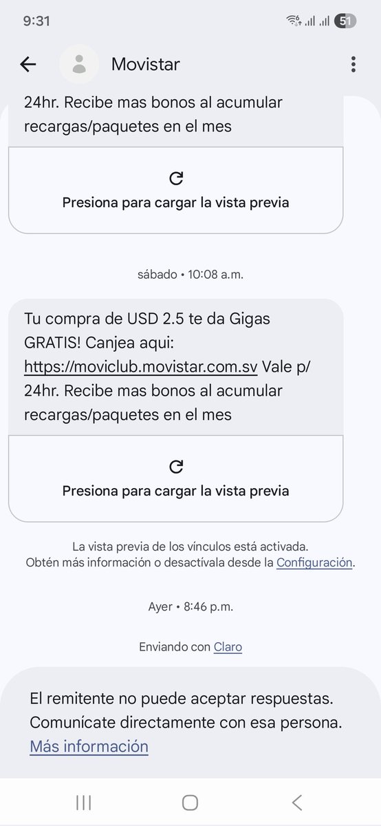 escolero24's tweet photo. @SIGETSV @Defensoria_910 @movistar_sv mencionan los ladrones de movistar que no sd realizo recsrga el sabado y ellos mismos conforman via msj la compra ahi dejo la imagen se compro el sabado y no brindaron nada de datos https://t.co/jo1p00AGqx