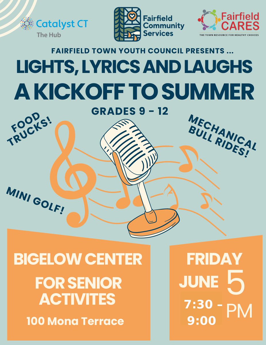 FairfieldSuper's tweet photo. Join the Fairfield Town Youth Council for Lights, Lyrics, and Laughs, a FREE event for students in grades 9–12.

**FREE food trucks, mini golf, mechanical bull rides, giveaways**

Friday, June 5
7:30–9:00 p.m.
Bigelow Center for Senior Activities, 100 Mona Terrace https://t.co/063GCn3WEb