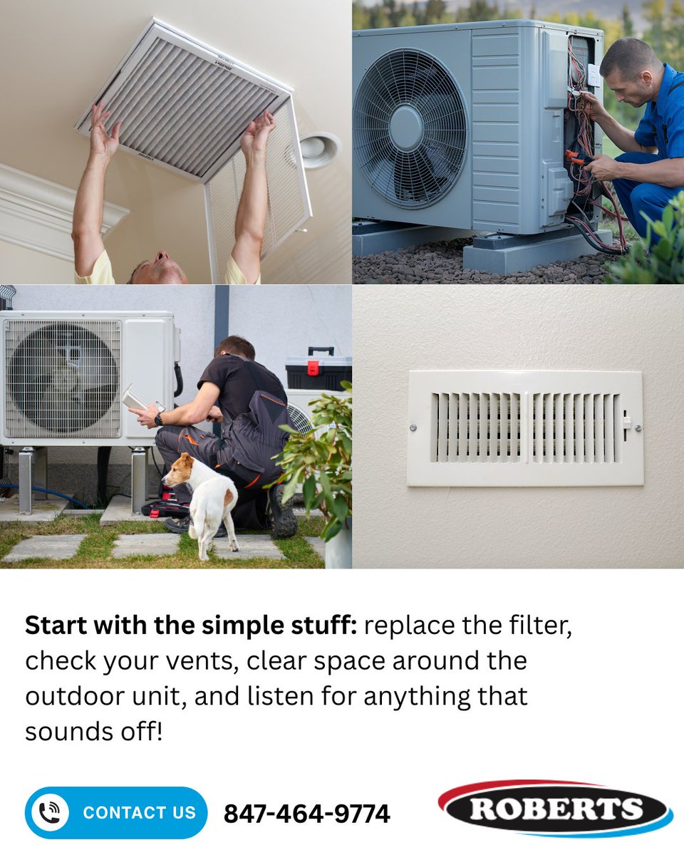 RobertsHeatAir's tweet photo. Before summer really settles in, give your AC a little attention. Change the filter, clear leaves or grass away from the outdoor unit. And if it’s making weird noises, blowing weak air, or taking forever to cool the house, don’t wait for the first 90° day.
Call us 847-464-9774! https://t.co/yO0zYhQhb6