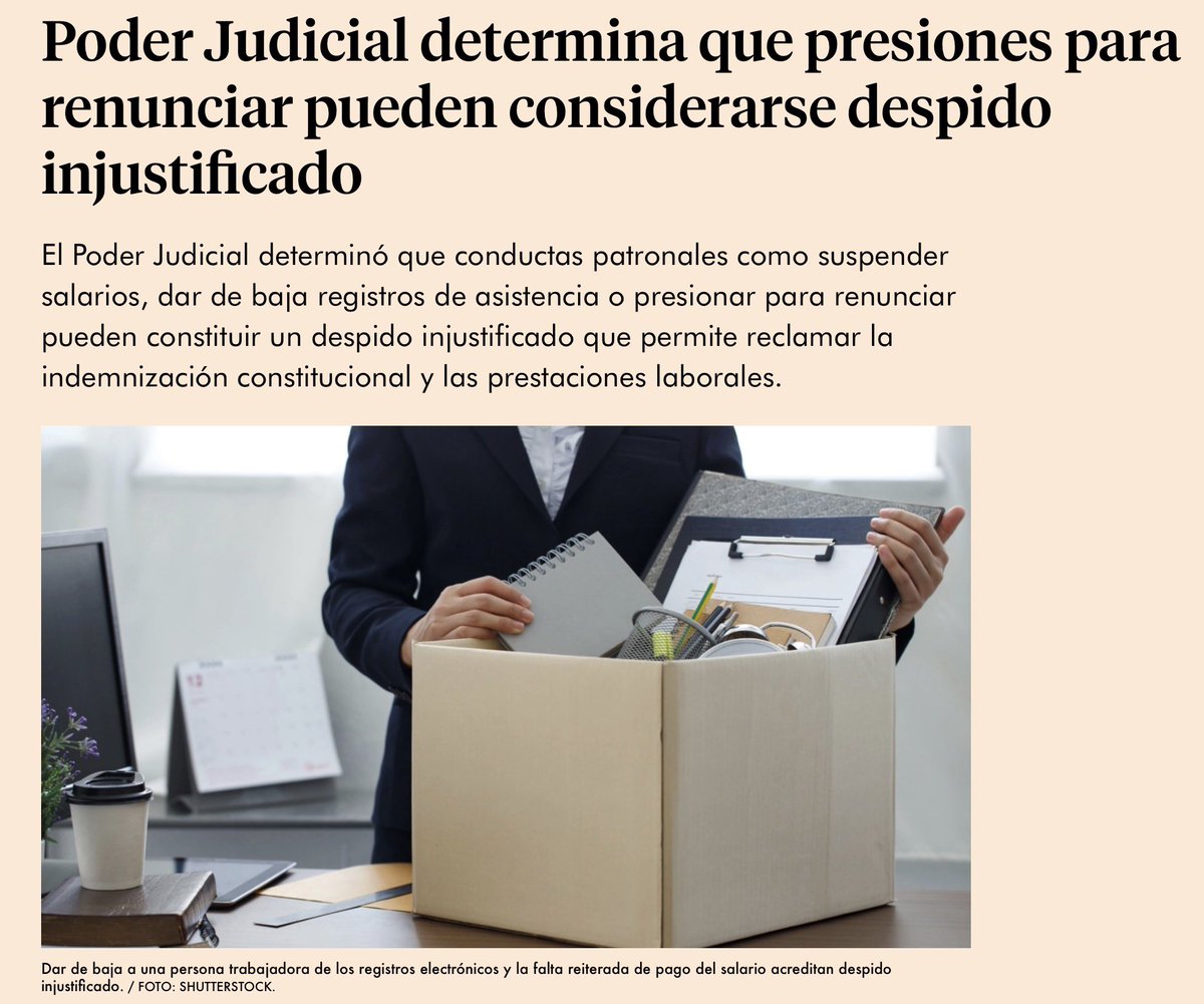 JoseMarioMX's tweet photo. Hay despidos que no ocurren con un grito ni con una carta. Ocurren en silencio. Un día el trabajador llega y ya no aparece en el sistema. Intenta registrar su entrada y no puede. Espera su salario y no llega. Pregunta qué pasa y nadie responde. No le dicen “estás despedido”, pero todo está diseñado para que entienda el mensaje: ya no hay lugar para ti.

El Poder Judicial acaba de ponerle nombre jurídico a esa simulación: si el patrón deja de pagar, borra registros de asistencia o realiza actos que hacen imposible seguir trabajando, puede haber despido injustificado, aunque nunca se haya pronunciado la palabra despido. Es una decisión importante porque mira la realidad laboral como realmente sucede, no como el patrón intenta maquillarla en juicio.

El derecho del trabajo nació para impedir que la fuerza económica se disfrace de formalidad legal. Empujar a alguien a renunciar, asfixiarlo sin salario o desaparecerlo de los sistemas internos no es una “decisión voluntaria” del trabajador. Es una forma encubierta de expulsión. Y cuando el patrón provoca la salida, debe responder como lo que es: un despido.

https://t.co/KOXc1OLDoq