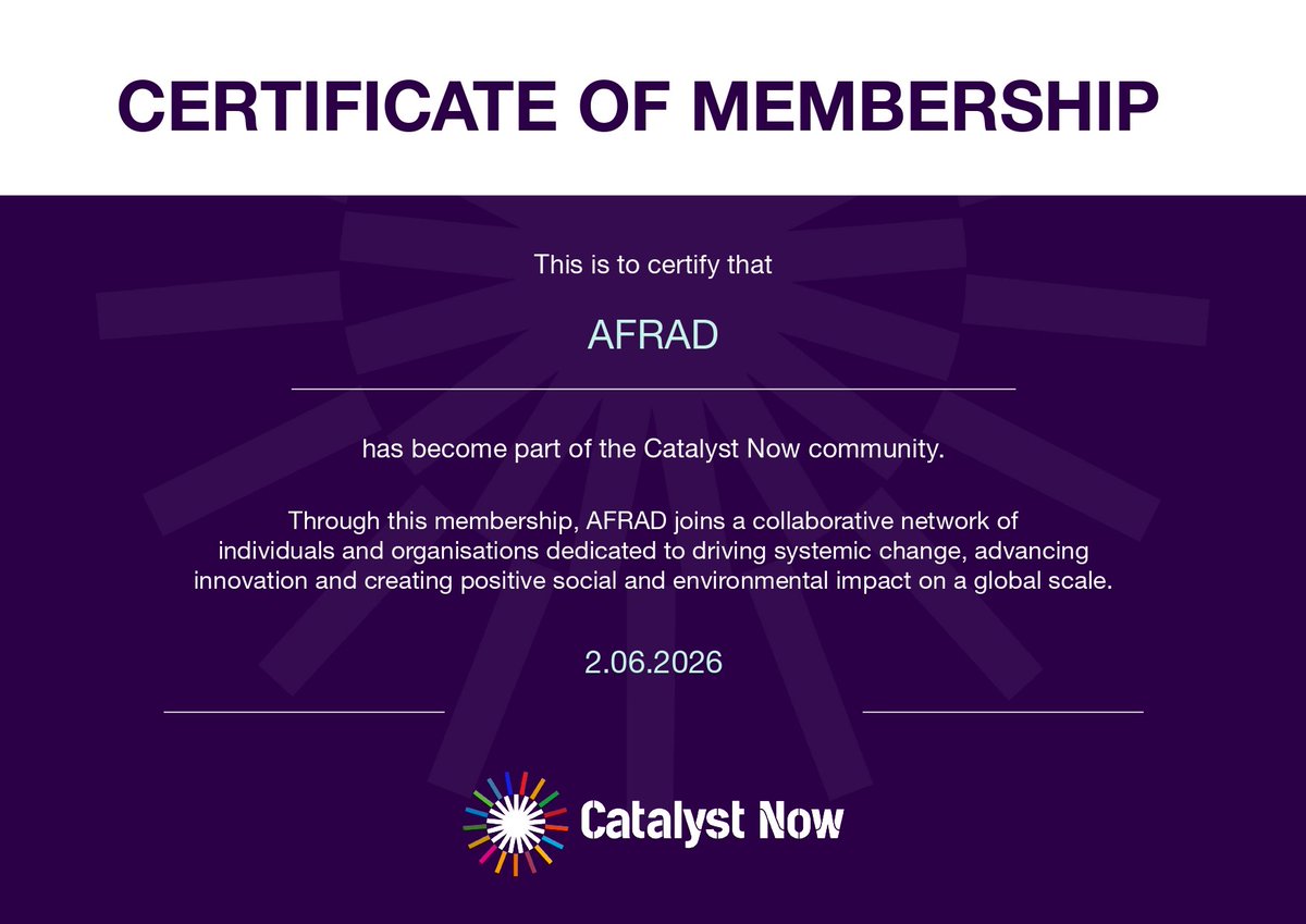 AFRAD_UG's tweet photo. AFRAD is proud to announce that we have received our membership certificate from Catalyst Now.
This marks an important step in strengthening our feminist research, advocacy, and global collaboration for gender justice.
Excited for what lies ahead. #AFRAD #CatalystNow https://t.co/yHUjMj0kYO