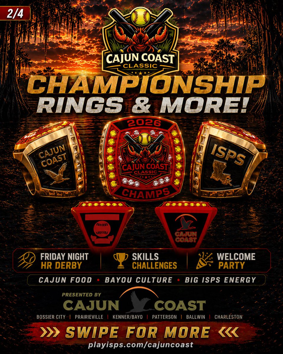 ISPSO's tweet photo. The bayou is calling. 🥎🔥

ISPS Cajun Coast Classic 2026
📅 Aug. 14–16, 2026
📍 Kemper Williams Park
📍 Patterson, Louisiana

💍 Championship Rings
💣 Friday Night HR Derby
🎯 Skills Challenges
🎉 Welcome Party

Men’s, Women’s & Coed divisions.

Register now:
https://t.co/ihsAQ816nI

#PlayISPS #CajunCoastClassic #ISPS #SlowPitch
