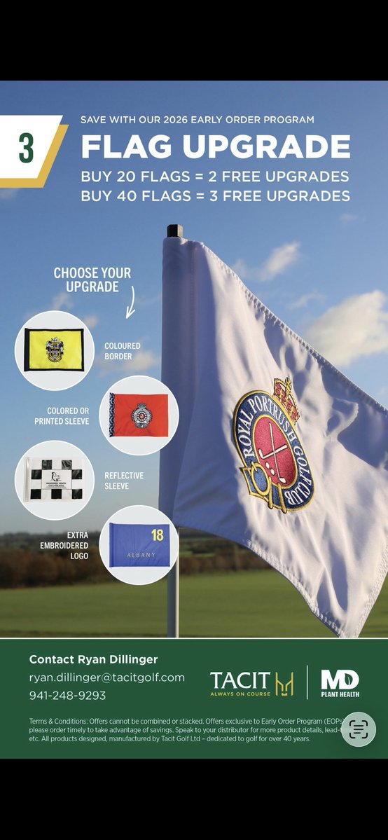 UsaTacit's tweet photo. The 2026 Tacit Golf Accessories Early Order Programs are officially live in FL! ⛳️

✔️ Free products with qualifying purchases
✔️ Free hole cutting setup kits
✔️ Free flag upgrades

Appreciate all the continued support from golf courses and superintendents across the industry! https://t.co/llSrfugNMT