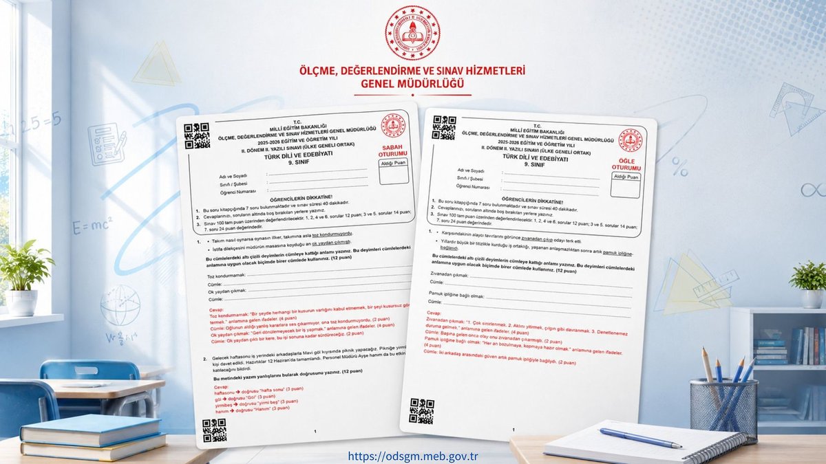 mebodsgm's tweet photo. ÜLKE GENELİNDE 9. SINIF TÜRK DİLİ VE EDEBİYATI DERSİ 2. DÖNEM 2. ORTAK YAZILI SINAVI EŞ ZAMANLI OLARAK GERÇEKLEŞTİRİLDİ
2025-2026 Eğitim Öğretim Yılı 2. Dönem 2. Ortak Yazılı Sınavları, ülke genelinde eş zamanlı olarak gerçekleştirildi. Bu kapsamda 9. sınıf Türk Dili ve Edebiyatı dersi ortak yazılı sınavı, 3 Haziran 2026 tarihinde uygulandı.
Sınavlar, sabahçı ve öğlenci öğrenciler için ayrı oturumlar hâlinde düzenlendi. Ölçme ve değerlendirmede eşitliği sağlamak amacıyla sabah ve öğle oturumlarında birbirine denk farklı soru kitapçıkları kullanıldı.
Her oturum bir ders süresi olan 40 dakika olarak planlandı. Sınav uygulaması, Türkiye genelinde tüm okullarda aynı saatte başlatılarak aynı saatte tamamlandı.
Soru kitapçıkları ve cevap anahtarları için⤵️
https://t.co/WfS3eYIF3n
@tcmeb 
@Yusuf__Tekin 
@farukyelkenci 
@erdalkilinc27