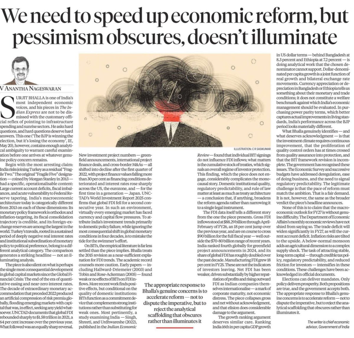 maxi_ank's tweet photo. You quoted Bhalla. Did you also read the detailed rebuttal?

The article explicitly states that comparing India with Turkey ignores major differences in inflation management, fiscal stability, foreign exchange reserves and investment flows. It even calls the "Fragile Two" comparison a headline, not an illuminating analysis.

Read the whole argument, not just the part that suits your agenda.