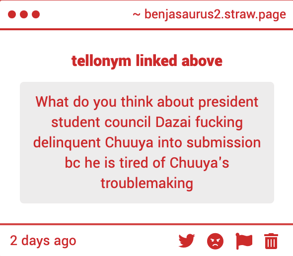 benjasaurus_'s tweet photo. I THINK that this is the perfect opportunity for blackmail. i lowkey think that dazai might be a little too lazy to be student council president, so he should use this opportunity to for an ultimatum: chuuya complies, or dazai gets him expelled. chuuya is in /his/ grade, (1/2) https://t.co/49giEOZcv9
