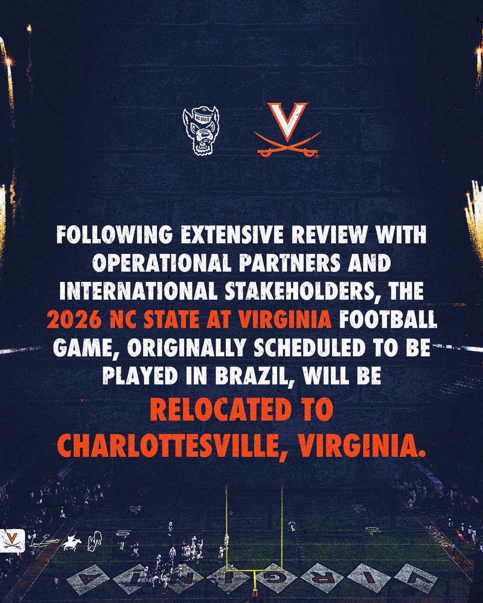 CFBKings's tweet photo. BREAKING: NC State and Virginia will NOT be playing in Brazil in Week 0.

The game will instead be a Virginia home game in Charlottesville.

“This change follows communication from Athlete Advantage, which informed the ACC and participating schools that the event could not be conducted.”