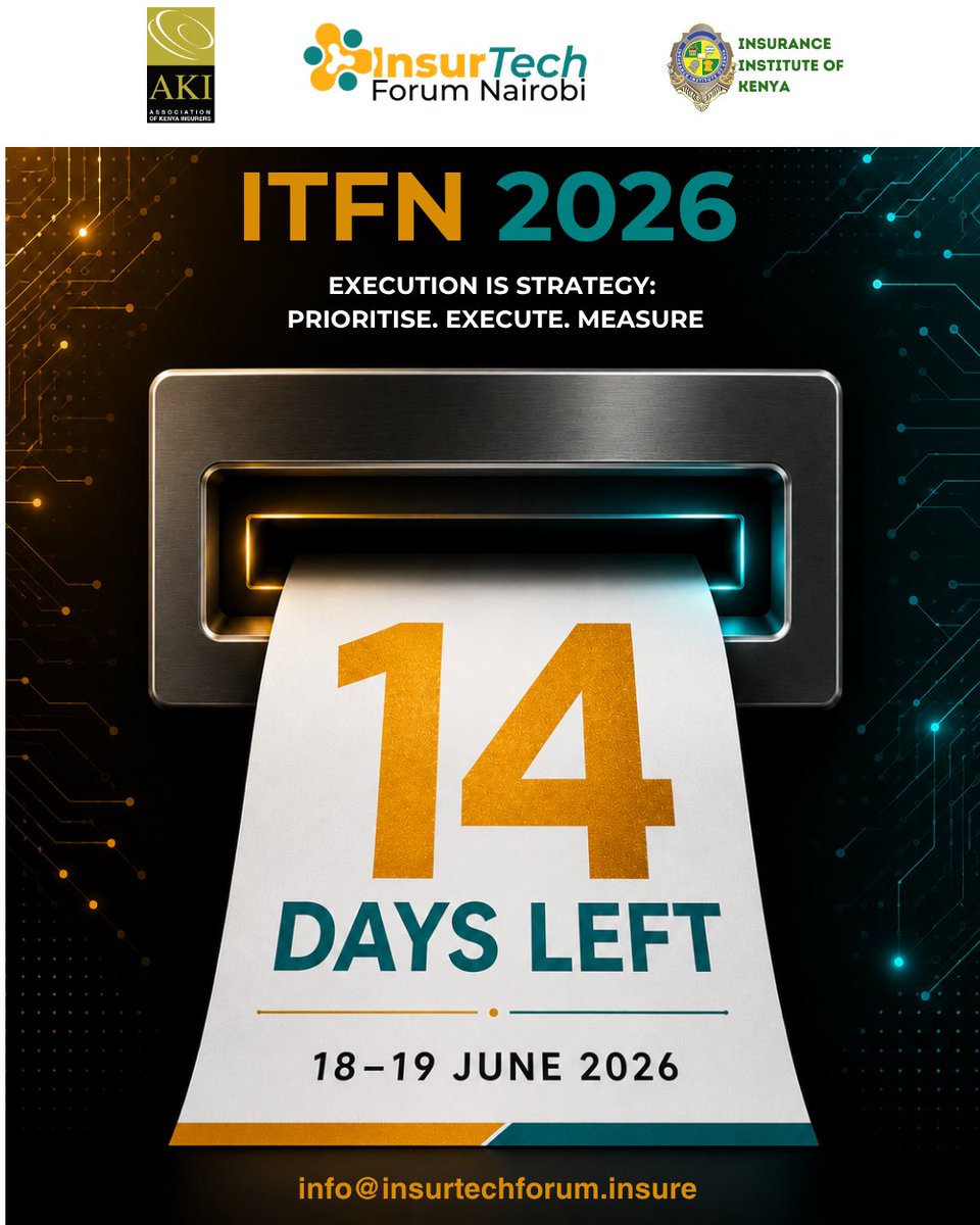 Insurtech_Forum's tweet photo. ⏳ Only 14 days to go until #ITFN2026!

Join insurance, technology, and innovation leaders from across Africa as we explore: Execution is Strategy: Prioritise. Execute. Measure.

📅 18–19 June 2026 | 📍 Nairobi
Register: https://t.co/TMoFlTSuV0 🚀 https://t.co/OVOdABrRle