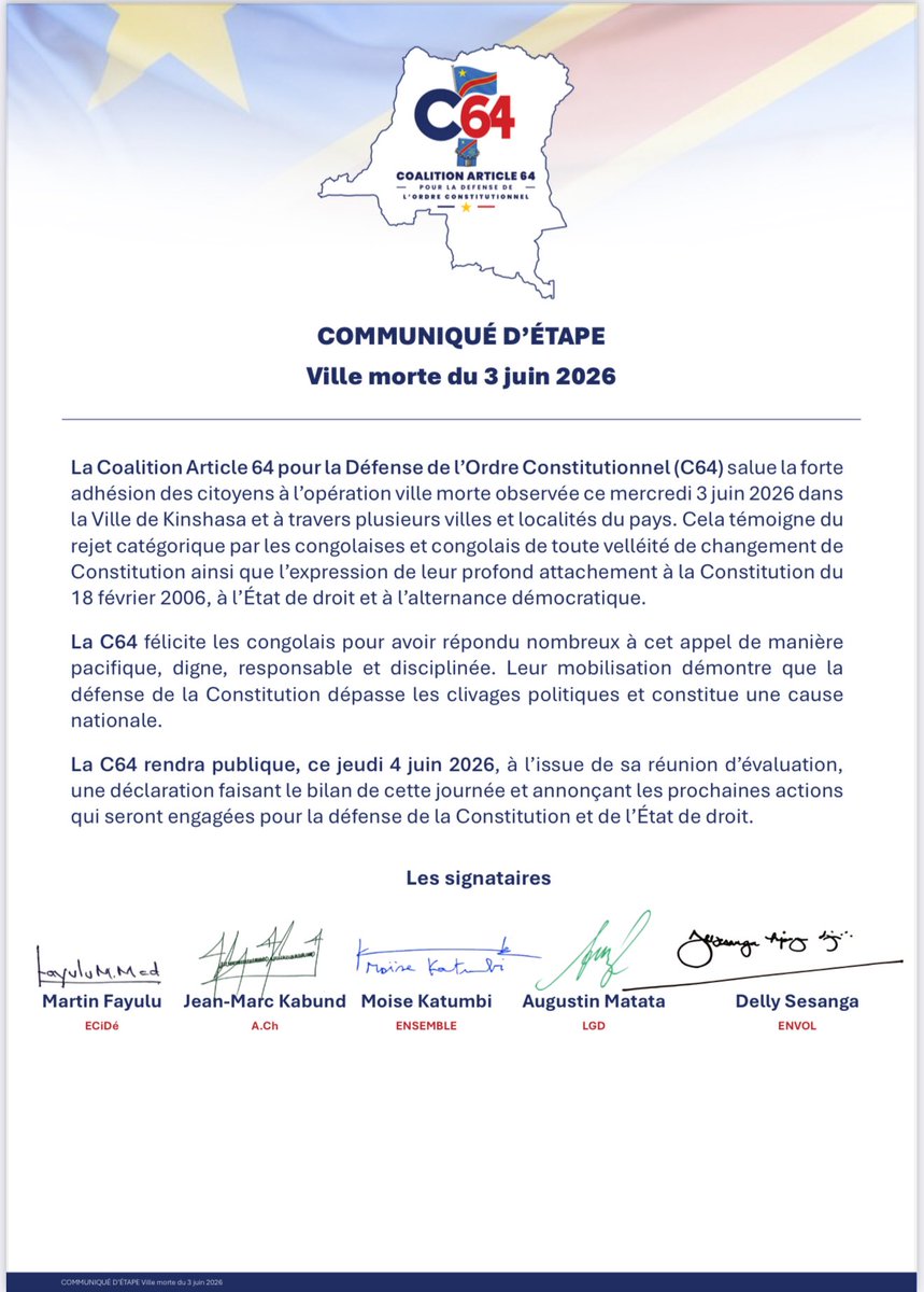 MartinFayulu's tweet photo. Nous félicitations nos compatriotes pour avoir répondu avec discipline à notre mot d’ordre de ville morte. Ce geste civique témoigne de la maturité et de la conscience politique de notre peuple. Rendons grâce à Dieu qui a déjoué les manœuvres des ennemis de la République. https://t.co/3CigD5p0dg