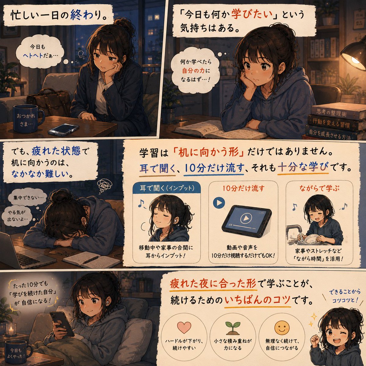 NoteGPTJP's tweet photo. 忙しい一日の終わり。
「今日も何か学びたい」という気持ちはある。

でも、疲れた状態で机に向かうのは、なかなか難しい。

学習は「机に向かう形」だけではありません。
耳で聞く、10分だけ流す、それも十分な学びです。

疲れた夜に合った形で学ぶことが、
続けるためのいちばんのコツです。 https://t.co/YsLuJ68MIL