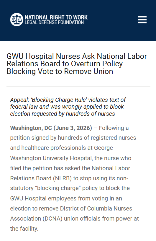 RightToWork's tweet photo. In April the GWU hospital workers (led by nurse Elizabeth Abraha who received free legal aid from @RightToWork staff attorneys) filed a decertification petition with the NLRB to free themselves from "representation" by District of Columbia Nurses Association union bosses. https://t.co/2nztqcFeQP