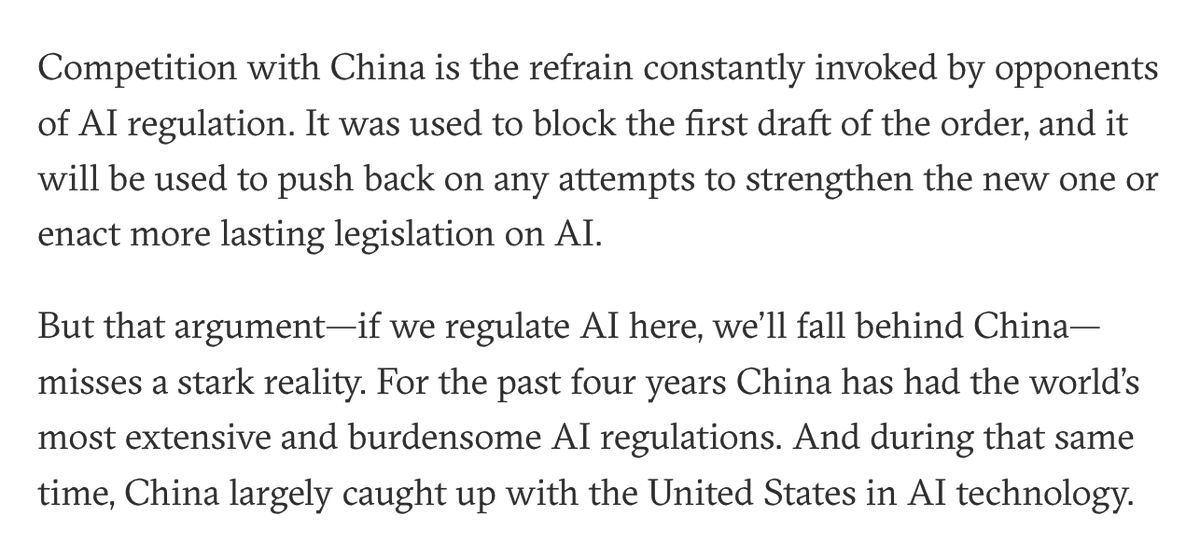 mattsheehan88's tweet photo. New piece from me in the wake of new White House EO on AI. It looks at a seeming paradox:
- For the past 4 years, 🇨🇳 has had the world's most extensive and burdensome AI regulations.
- During that same period, Chinese AI companies largely caught up w/ their 🇺🇸 peers.

Link below https://t.co/XfZVCfL0Yj