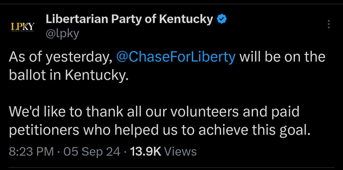 libertydadpod's tweet photo. LPKY announced Chase had ballot access as of Sep 4.

Aug 1, WBKO reported petitioning was under way with Chase's own campaign aiming for 7,500 by Sep 6.

Chase won the nomination May 26 (67 days to plan). You comparing diff things. 

Congratulate @lpky, @Jtodd601 and move on. https://t.co/ILgHT79d5S