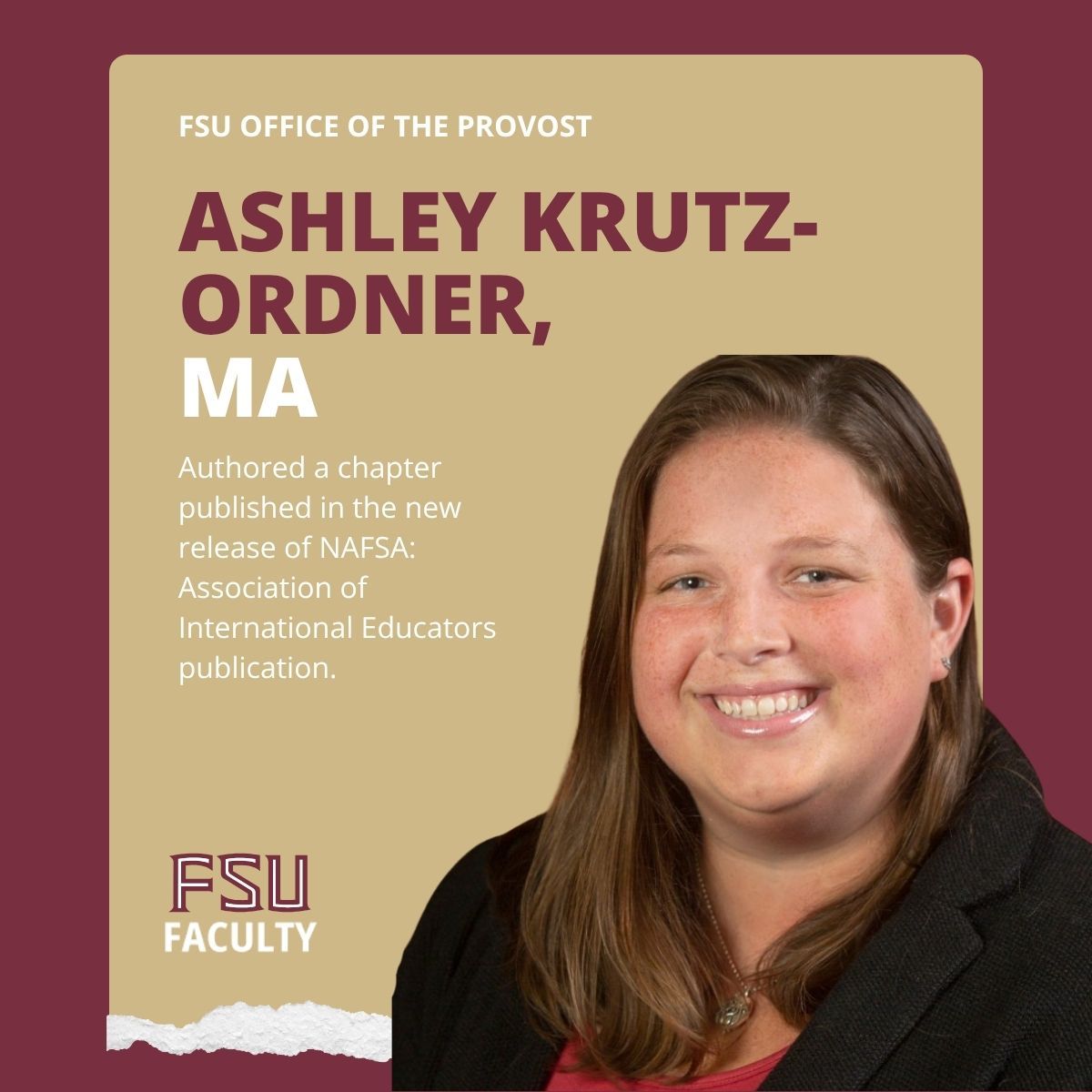 FSUFaculty's tweet photo. Ashley Krutz-Ordner, MA from the Office of the Provost authored the chapter “Role of Full-Time International Safety and Security Professionals” published in the new release of NAFSA: Association of International Educators publication. 🌍🛡️📚 https://t.co/9CtMwpG3PG