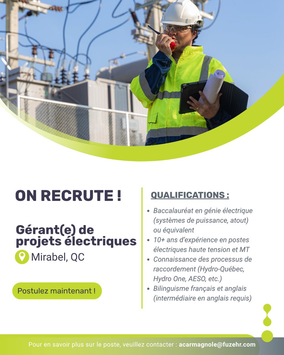 FuzeHR's tweet photo. Nous recrutons ! Gérant(e) de projets électriques | Énergie renouvelable | Lévis | Poste permanent hybride

Postulez maintenant ! https://t.co/GoOb27NOsm

#EmploiQC #GérantDeProjet #GénieÉlectrique #ÉnergieRenouvelable #HydroQuébec #HighVoltage #Recrutement #Carrière #FuzeHR https://t.co/mf69tuOOua