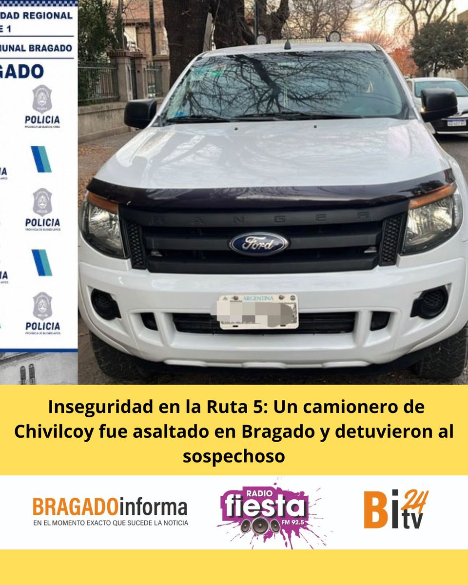 BInforma's tweet photo. Inseguridad en la Ruta 5: Un camionero de Chivilcoy fue asaltado en Bragado y detuvieron al sospechoso
https://t.co/yvYxDsNc5P https://t.co/QGAk5Bfj1A