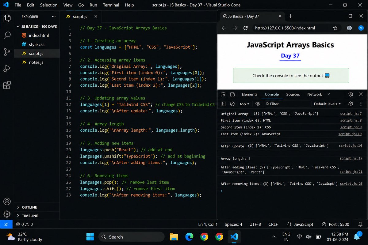 victory_dev's tweet photo. Day 37 🚀

Learned JavaScript Arrays today 

Practiced:
• Creating arrays
• Accessing items
• Updating values
• Array length

#javascript #100DaysOfCode https://t.co/ByYgzMkm0U